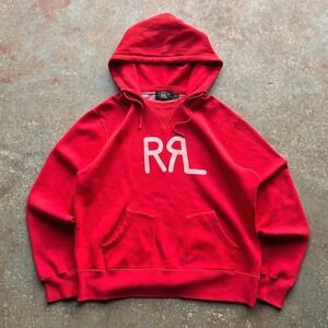 RRL Ralph Lauren Mens Afterhood Split Pocket Red Graphic Logo Pullover Hoodie XL